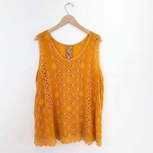 Johnny Was Women’s Carden Persimmon Yellow Eyelet Sleeveless Scoop Neck Tank Blo
